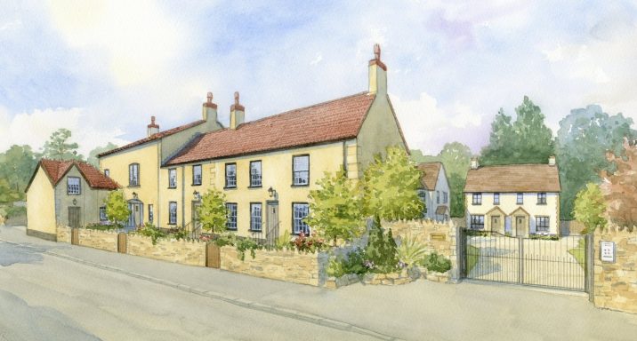 Pub conversion to residential housing Watercolour artist impression of proposed pub conversion to private residential, including existing car park.