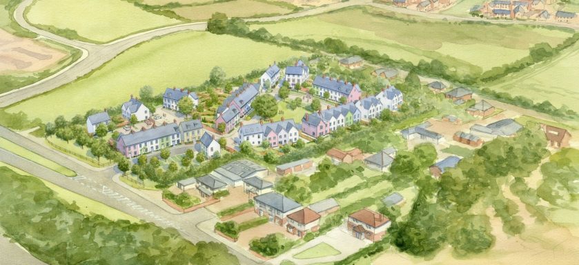 Aerial view of proposed residential development Watercolour aerial artist impression of proposed village style residential development in its setting.
