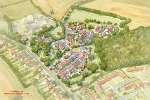 Aerial artist impression of proposed residential development Watercolour aerial artist impression of proposed residential development on edge of village