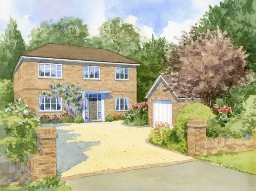 Watercolour impression of proposed brick villa with garage A brick house with blue windows, surrounded by a garden and a garage.
