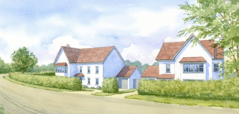 Two detached white render houses on country lane Two light blue houses with red roofs, set along a winding road, surrounded by greenery.