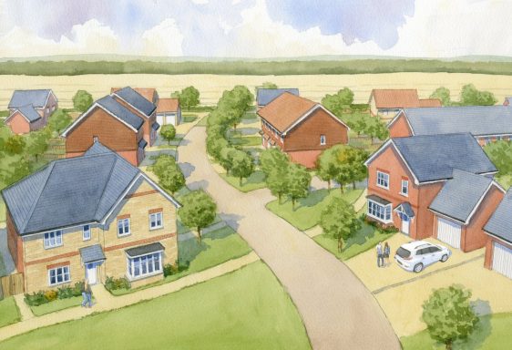 Raised view over proposed residential development. Aerial view of a suburban development with houses and green spaces.