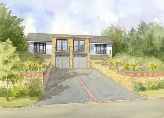 Watercolour of contemporary houses on sloping site A contemporary two-storey house with a sloped driveway and flowerbeds.