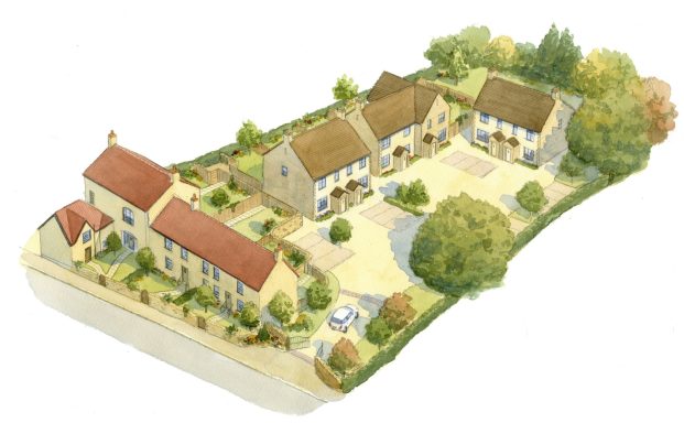 Aerial view of converted pub car park Watercolour artist impression of proposed residential development in existing pub car park
