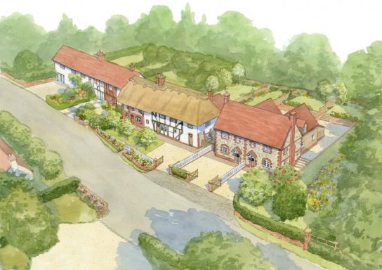 Aerial thatched and flint and brick cottages Watercolour aerial artist impression of proposed flint and brick cottages next to restored thatched cottage.