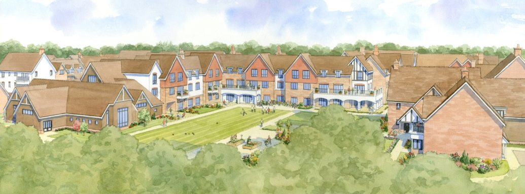 Watercolour impression of proposed care home Aerial view of a residential development with houses and green spaces.